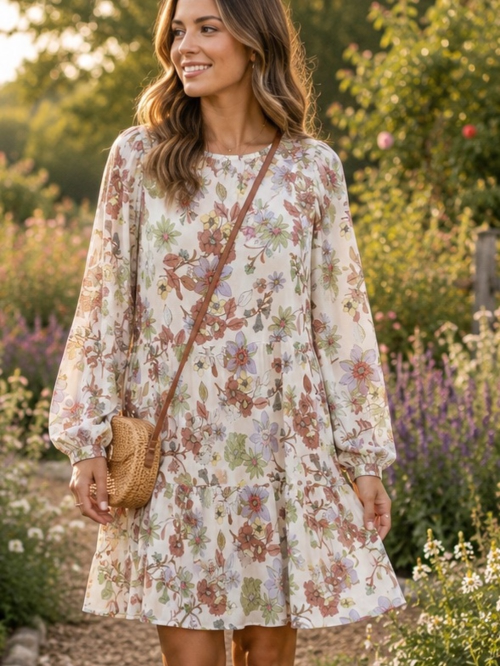 Olivaceous Floral Tiered Mini Dress Long Sleeve Boho NWT